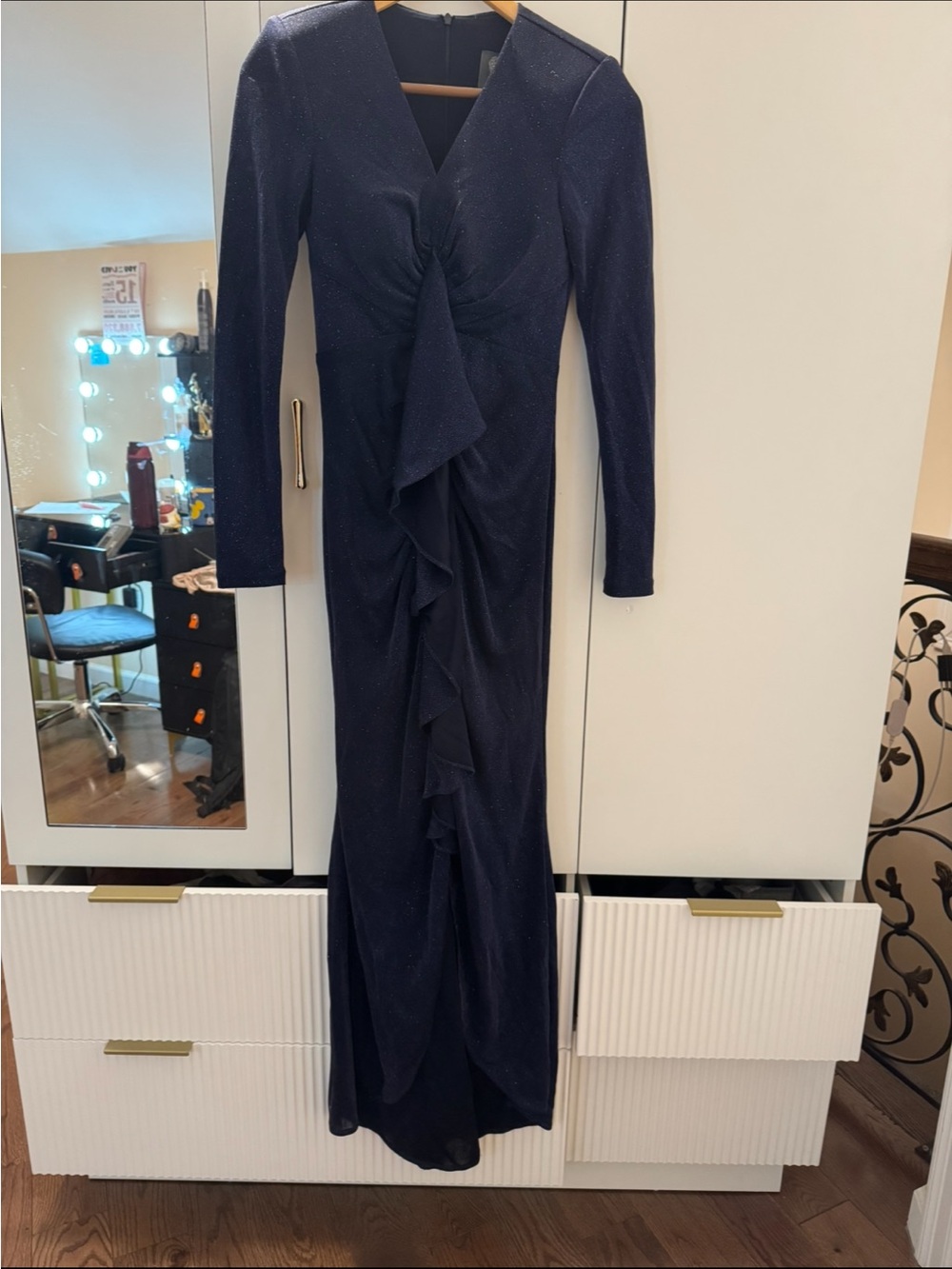 Vince Camuto Navy Long-Sleeve Ruffle-Front Evening Gown